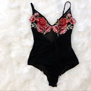 Black Mesh Embroidered Bodysuit
